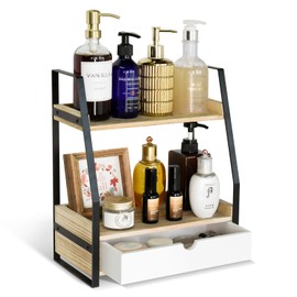 Bathroom Counter Organizer with Drawer, Countertop Makeup Organizer for Vanity, Wood Tray for Perfume Skincare Organizer, 2-Tier Multi-Purpose Shelf for Kitchen Bathroom Organizers and Storage(White)