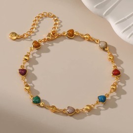 Colorful Heart Gemstone Bracelet for Women, Adjustable 18K Gold-Plated Boho Charm Bracelet, Chic Trending Jewelry for Women, Perfect for Daily Wear, Holiday, and Gift Giving (Colorful Heart Charm)