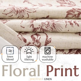 Jinchan - Cortina de lino con forro floral para sala de estar de 96 pulgadas de largo con estampado de flores de peonía rojas, bolsillo para barra trasera, cortinas con estampado de granja, juego de 2