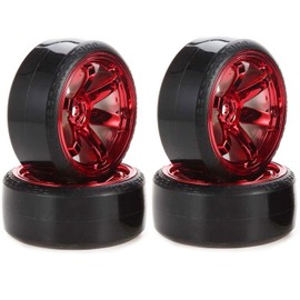 KINGCOO RC Drift Car Wheel and Tyre, 4 Pieces, 63 mm Hard Tyres, Plastic Rims for 1/10 On-Road Racing Drifting, Car Replacement Parts for HSP Tamiya HPI Kyosho (Red)