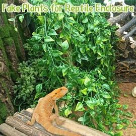 Hamiledyi Reptile Plants Tank Habitat Decorations Fake Hanging Vines 5 Pcs Artificial Leaves Habitat Decorations with Suction Cup for Bearded Dragon, Leopard Gecko, Lizard, Chameleon, Snake (Green)