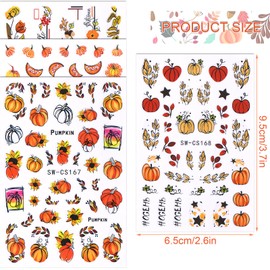 Fall Nail Stickers Decals Set of 4, Fall Thanksgiving Nail Accessories for Women Girls Floral Pumpkin Designs, Self-Adhesive Plastic Decorations for Manicure