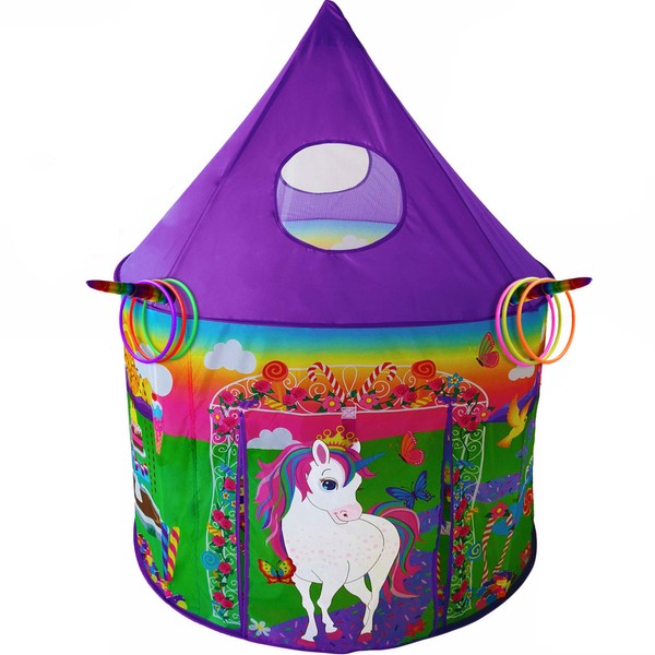 Playz Unicorn Toys Kids Play Tent for Girls with Unicorn Ring Toss, Candy Board Game, & Tic Tac Toe - Indoor & Outdoor Pop up Playhouse Set for Kids Birthday Party Favors & Gifts for Baby and Toddlers