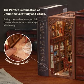 Fsolis Kit Book Nook,DIY Miniature Dollhouse,Kit 3D Wooden Puzzle Bookend,Booknook with LED Light and Dust Cover
