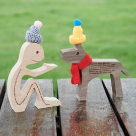 KINGNOW Humen and Dog Craft Figurine Desktop Table Ornament Wood Men Dog Model Creative Home Office Decoration Gift Lovely with Hat and Red Scarf(Large Size)