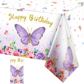 Butterfly Happy Birthday Tablecloth, Butterfly Party Decoration Rectangular Watercolor Butterfly Table Cover Spring Themed Plastic Tablecloth for Girl Party, 108 x 54 Inch(Pink, Purple,1 Piece)