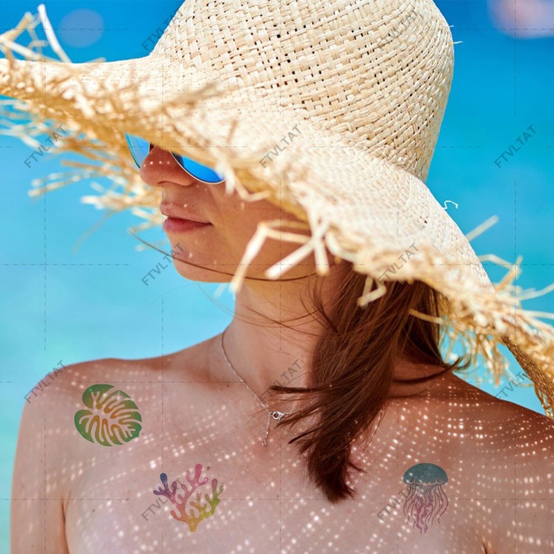 FTVLTAT 20 Sheets Glitter Ocean Animal Temporary Tattoos, Shimmering Sea