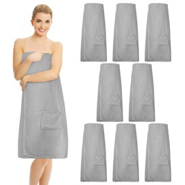 Tigeen 8 Pcs Waffle Body Bath Wrap for Women Knee Length Bath Towel Wrap with Pocket Adjustable Closure for Spa Shower (Grey)