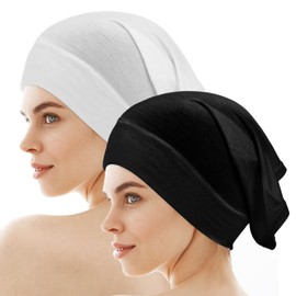 Sorcristy 2PCS Hijab Cap Women Hijab Undercaps No Slip Stretch Bonnet Cap Turban Tube Inner Beanies for Islamic Muslim(Black+ White, 11.41×7.08 Inches)