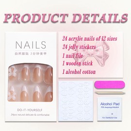 Short Press on Nails Almond MABKJLF French Tip Fake Nails Nude Full Cover Bow Charm False Nails with Designs Glossy Glue on Nails Petite Cute Acrylic Nails Artificial Nails for Women Girls 24Pcs