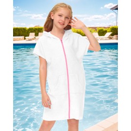 BesserBay Children's Short Sleeve Bath Poncho Hooded Surf Poncho Towel Terry Cloth with Zip and Pockets Unisex 120-160, White