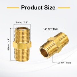 sourcing map 2pcs Brass Pipe Fitting 1/2" NPT x 1/2" NPT Male Brass Hex Nipple Pipe Extension Adapter Pipe Nipples Connectors for Shower, Oil, Water Line