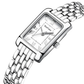 RioFoior Silver Watches for Women with Rectangular Case Roman Dial,Stainless Steel Band,Waterproof.Adjustment Tool Included.