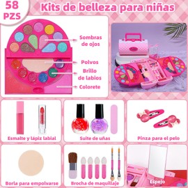 58Pzs Juguetes de Maquillaje para Niñas, Kit de Maquillaje para Niñas Lavables, Estuche de Cosméticos para Princesa, Juego de Simulación Seguro y No Tóxico, Regalos para Niñas de 3+ Años (Rosa)