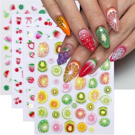 4 Sheet Fruit Nail Stickers Self-Adhesive Summer Nail Art Stickers Holographic Lemon Cherry Strawberry Watermelon Design Nail Art Supplies Cute Nail Decals for Women Girls Acrylic Nail Art Decorations