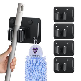 JAMEND CLXP 4-Pack Broom Holder with Heavy Duty Hooks, Upgraded Stainless Steel Mop Hanger. Wall Mount Utility Tool Rack for Kitchen Garden Laundry Garage. Matte Black.