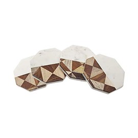 Marble and Wood Coasters for Drink Spill Tabletop Protector by Godinger - Set of 4