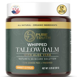Pure Truth Whipped Tallow and Honey Balm (Citrus), Beef Tallow for Skin Care, Grass Fed + Finished Tallow Moisturizer Cream for Face & Body w/Organic Honey, Aloe Vera, Jojoba Oil - Men Women 3.25oz