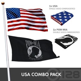 G128 Combo Pack: USA American Flag 3x5 Ft Embroidered Stars & POW MIA Flag 3x5 Ft Embroidered Double Sided 2ply