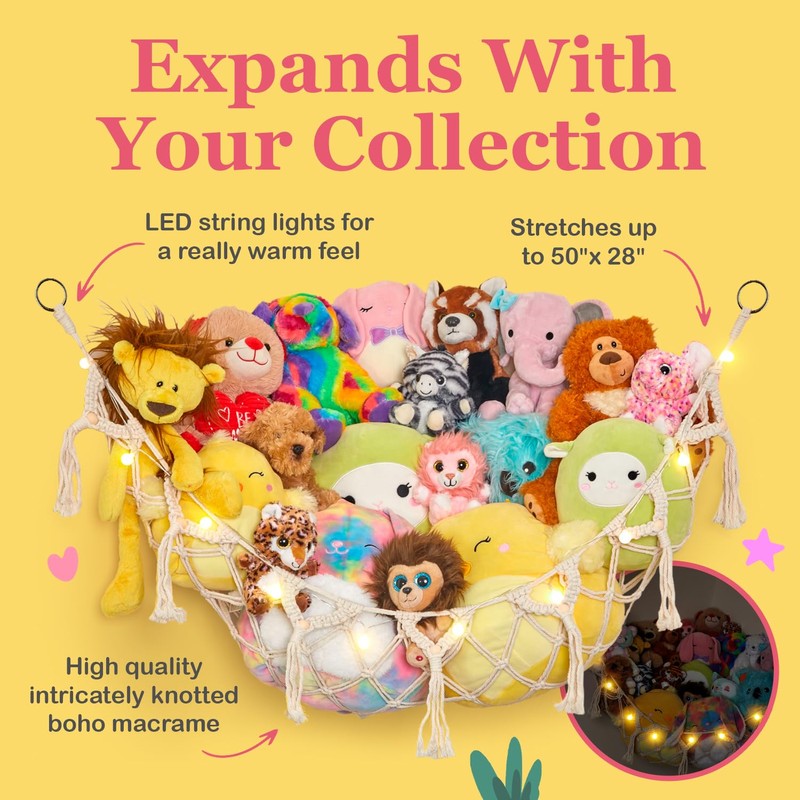 Stuffed Animal Storage Macrame Hammock w/String Lights, Large - Boho