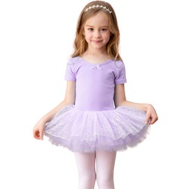 MdnMd Short Sleeve Dance Ballet Tutu Shiny Colorful Skirt Leotard Ballerina for Toddler Girls Dancewear (Purple, 2-4 Years)