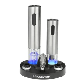 Kalorik Electric Wine Opener Wine Lovers Set Includes Bottle Opener Wine Pourer Preserver and 2 Stoppers Foil Cutter and Charging Base, Stainless Steel