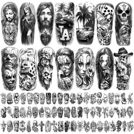 77 Sheets Chicano Cholo Chola Temporary Tattoos Realistic Adult Fake Tattoos Gangster Prisoner Day of the Dead Ride or Die Chola Mexico Payasas Lowriders Joker Tattoo Stickers for Men Women - Color: Chicano