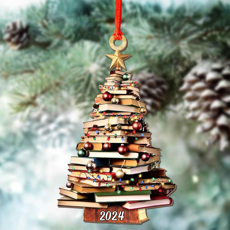 Pack 2 Book Tree Christmas Ornament (1 Wood+1 Acrylic), 2024