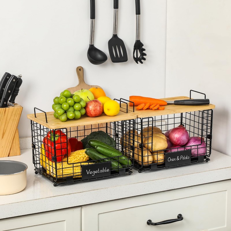 2 Set XL Stackable Wire Basket with Bamboo Tops &