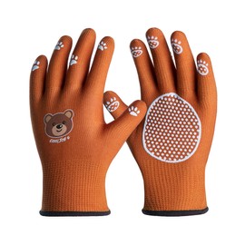 COOLJOB Breathable Toddler Work Gloves for Gardening Boy Girl Ages 4-6 Medium, 100% Jersey Nylon Kids Garden Gloves with Grip, Children Yard Gloves for Digging Weeding Landscaping, Brown Bear, 1 Pair