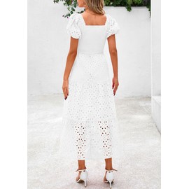 PRETTYGARDEN Summer Dresses for Women 2025 Eyelet Square Neck Puff Sleeve Smocked Wedding Guest Maxi Dress with Pockets (White,Medium)