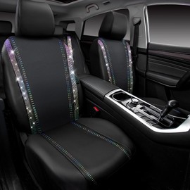 CAR PASS Bling Diamond Car Seat Covers Full Set, Shining Rhinestone Waterproof Faux Leather, Rear with Zipper, Universal Fit Automotive Glitter Crystal Sparkle Strips for Cute Women Girl,Muticolor