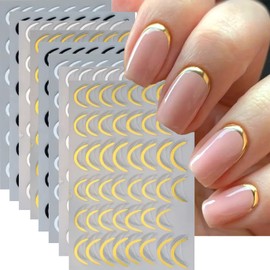 8 Sheets French Tip Nail Art Stickers Silver Gold Black White French Line Nail Decals 3D French Curved Nails Art Designs Stickers Self-Adhesive Nail Accessories for Women Girls DIY Acrylic Nail Arts