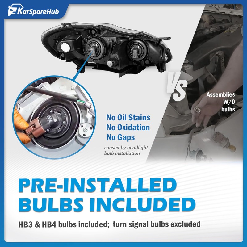 KarSpareHub Headlights Assembly for 2003-2008 Toyota Corolla Headlamp Replacement Clear