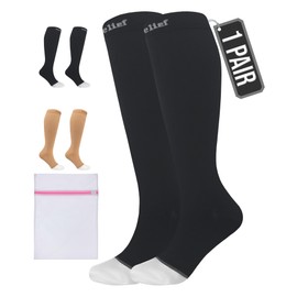 360 Relief 1 Pair Plus Size Compression Socks for Women & Men - Open Toe Graduated Compression Stockings, Flight Socks, Running, Nurses, Maternity, Pregnancy, 4XL, Black + Laundry Bag