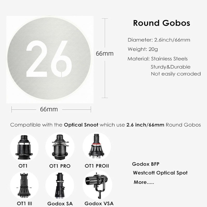 20Pcs Round Gobos Kit for Optical Snoot,66mm/2.6in Metal Plate Patterns