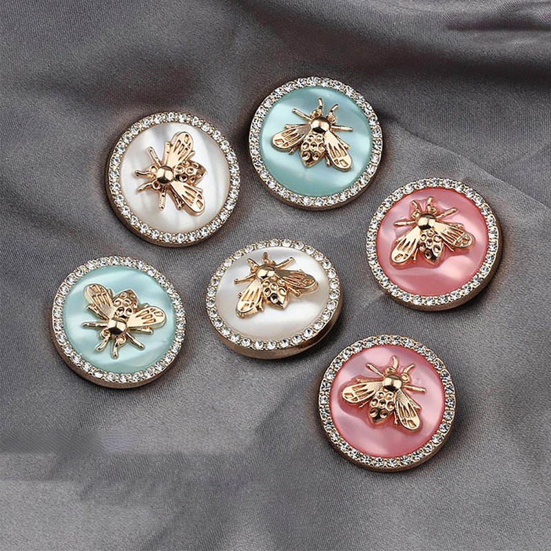 5 Pcs Metal Rhinestone Honey Bee Botton Round Shape Button