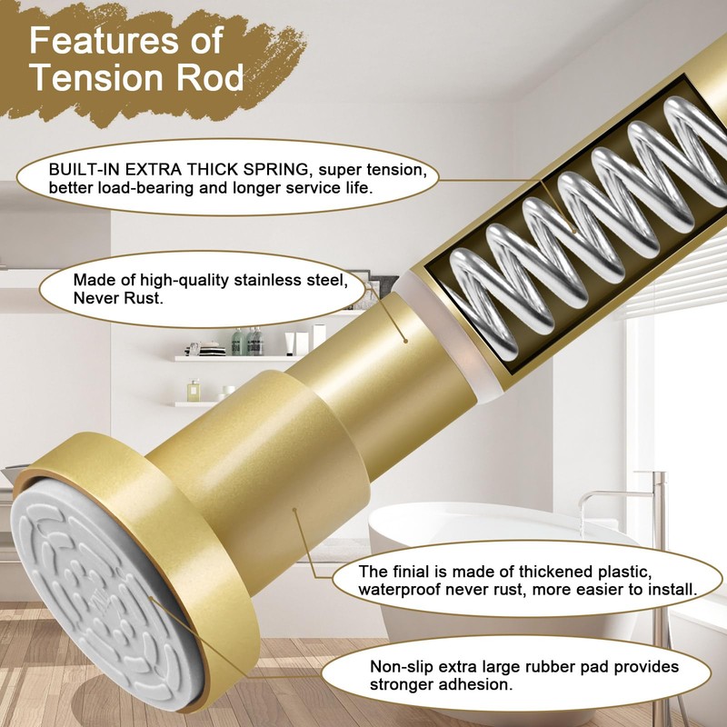 YNL Gold Shower Curtain Rod 32-80 Inch(2.7-6.6ft), Non Slip, Never