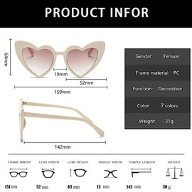 JFAN Party Glasses Heart Sunglasses Retro Sunglasses Heart Shape for Women Party Sunglasses Vintage Fashion Oversized Classic Glasses, Beige + White