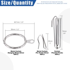 Glarks 120Pcs Silver Metal Drapery Curtain Hanging Rings with Stainless Steel 4 Prongs Curtain Pleat Hooks and Curtain Pin Hooks for Window Door Bathroom Curtain, 30mm Internal Diameter (Silver)