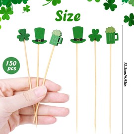 DERAYEE 150 Pcs St Patrick's Day Cocktail Sticks, 4.7 Inch Shamrock Irish Green Hat Green Beer Clover Disposable Bamboo Sandwich Fruit Toothpicks for Appetizers St. Patrick's Day Party
