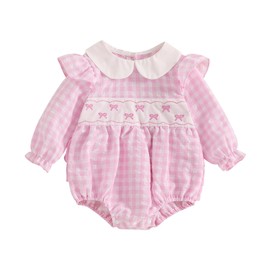 Adobabirl Infant Baby Girl Outfit Newborn Bow Bubble Romper Long Sleeve Embroidery Jumpsuit Cute Smocked Clothes (Bowknot Plaid-pink, 6-12 Months)