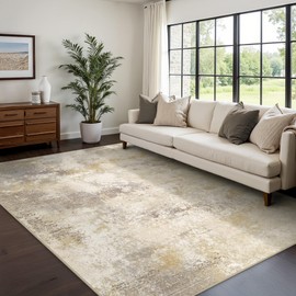 GENIMO 8x10 Washable Area Rugs for Living Room Bedroom, Modern Abstract Low Pile Soft Non Slip Rug, Contemporary Indoor Floor Carpet Cover for Dining Room Kitchen, Gray Gold