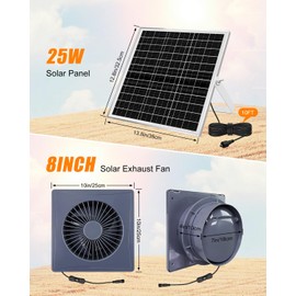 ZXWATC 8" Solar Fan for Greenhouse, Coop and Attic – 25W Solar Panel and 10FT Adapter, High-Speed Waterproof Exhaust Fan with Anti-Backflow Valve