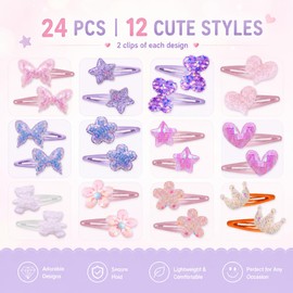 24 Pcs Cute Hair Clips for Women Girls, Glitter Multicolor Barrettes, Sparkly Hair Accessories with Multicolor Shaped