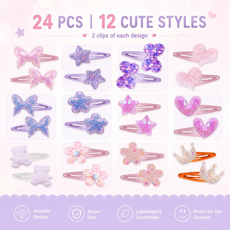 24 Pcs Cute Hair Clips for Women Girls, Glitter Multicolor