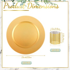 Tanlade 100 Pcs Charger Plates Set Bulk Include 50 Plastic Plate Chargers and 50 Napkin Rings 13" Round Wedding Chargers for Dinner Plate Table Setting Wedding Baby Shower Decoration (Gold)
