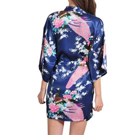 Prohonbec Women's Satin Kimono Dressing Gown with Belt, Peacock and Floral Pattern, V-Neck Bathrobe, Short Robe, Bridal Bathrobe, Sleepwear for Daily Clothing, Spa, Bridal Shower, navy