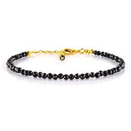 Natural Black Spinel Gemstone Micro Beads Dainty Bracelet Jewelry for Women, Birthstone, Energy Healing Crystals, 14k Gold Plated Chain 8 inch