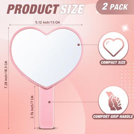 Jetec 2 Pieces Heart-Shaped Handheld Mirrors Travel Makeup Mirrors Mini Cosmetic Mirror with Handle Small Heart Mirrors Decorative Hand Held Mirror for Women Girls Valentine's Day (Pink)